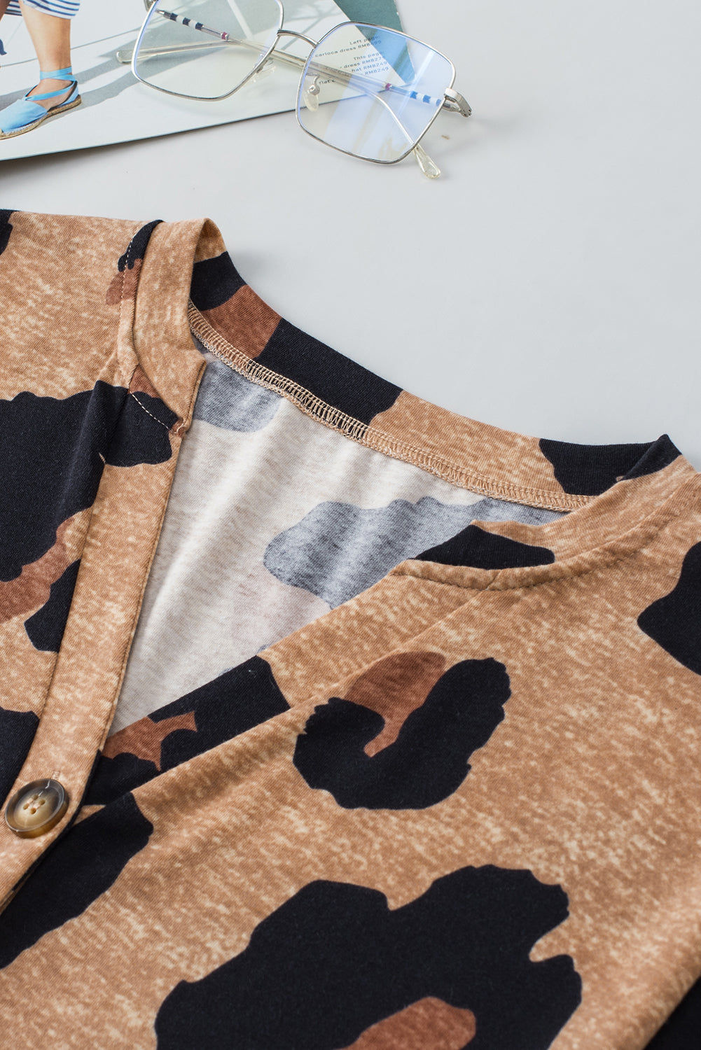 Leopard Short Sleeve Buttoned V-Neck Top