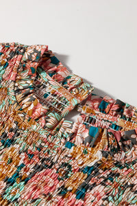 Floral Smocked Puff Sleeve Ruffled 3/4 Sleeve Crop Top