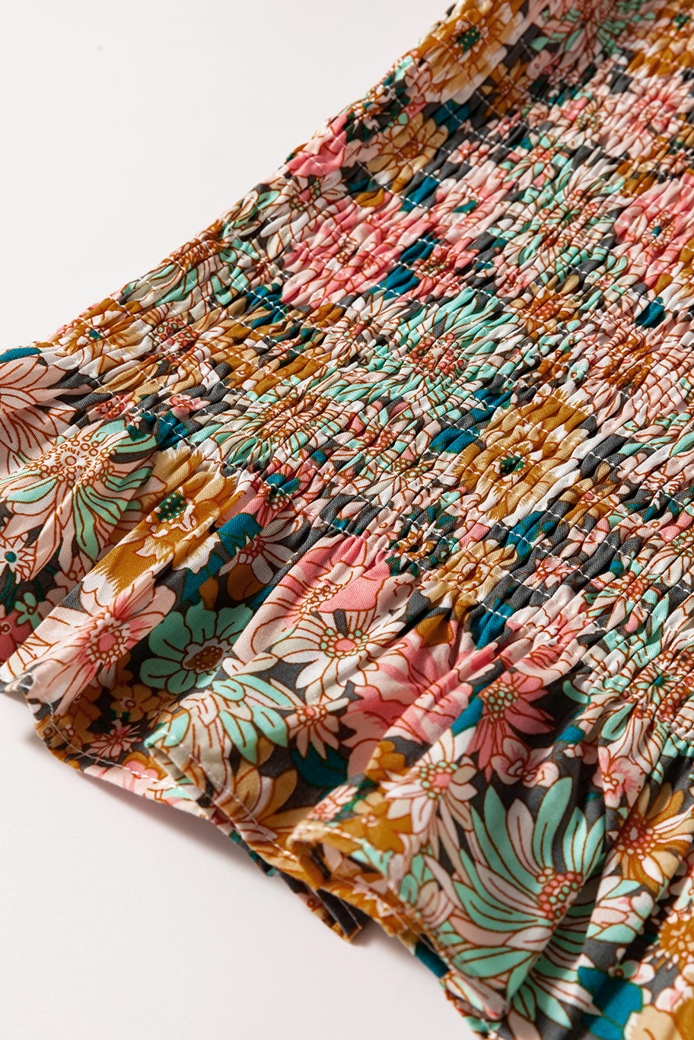 Floral Smocked Puff Sleeve Ruffled 3/4 Sleeve Crop Top