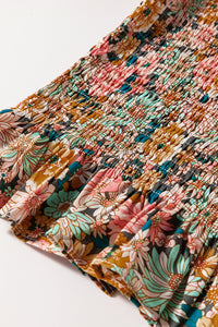Floral Smocked Puff Sleeve Ruffled 3/4 Sleeve Crop Top