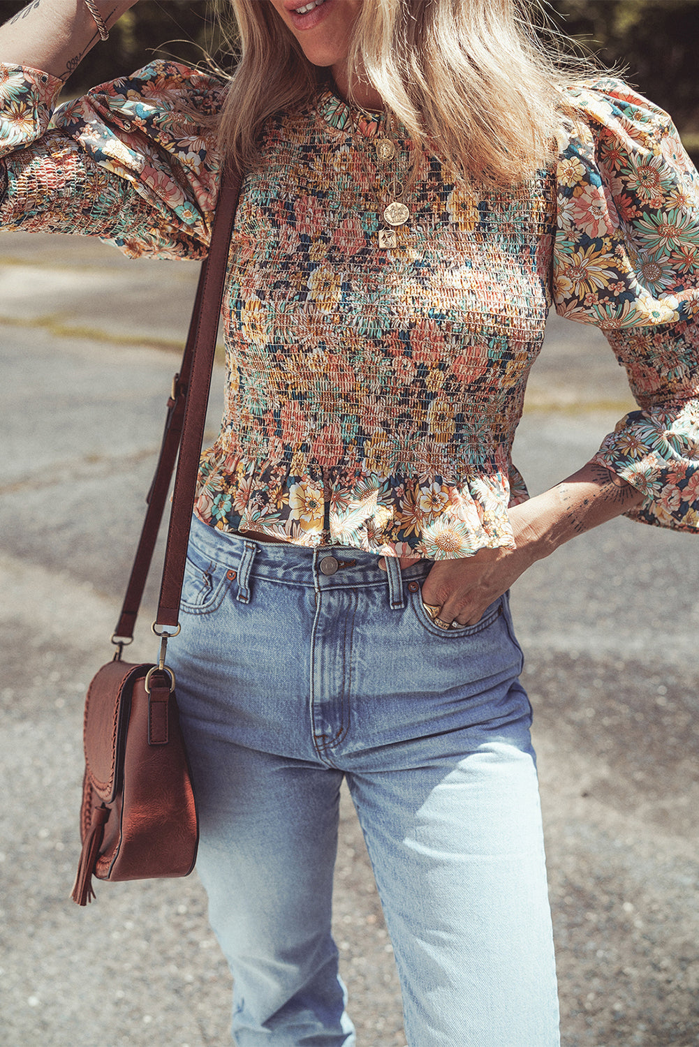 Floral Smocked Puff Sleeve Ruffled 3/4 Sleeve Crop Top