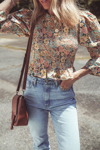 Floral Smocked Puff Sleeve Ruffled 3/4 Sleeve Crop Top
