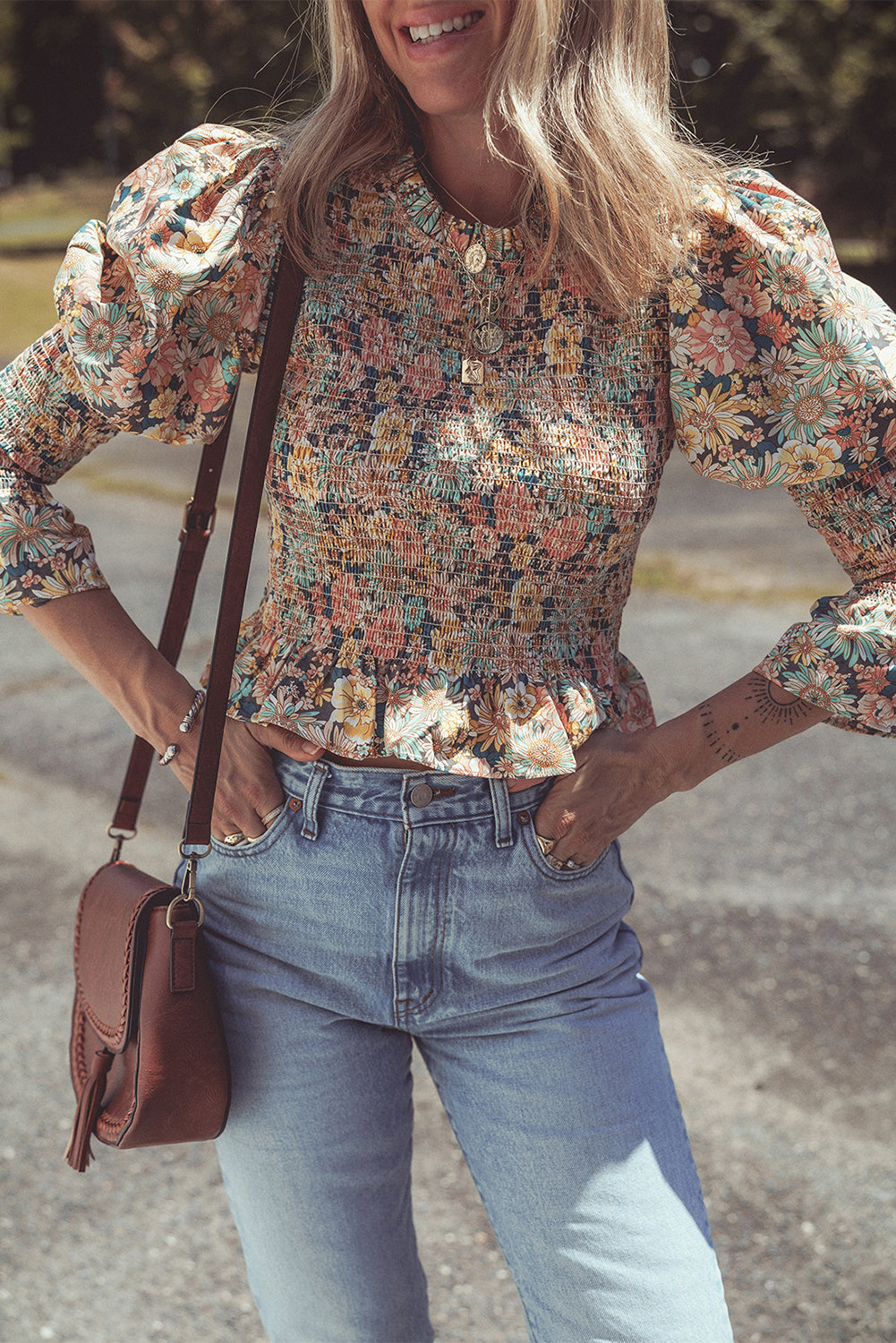 Floral Smocked Puff Sleeve Ruffled 3/4 Sleeve Crop Top