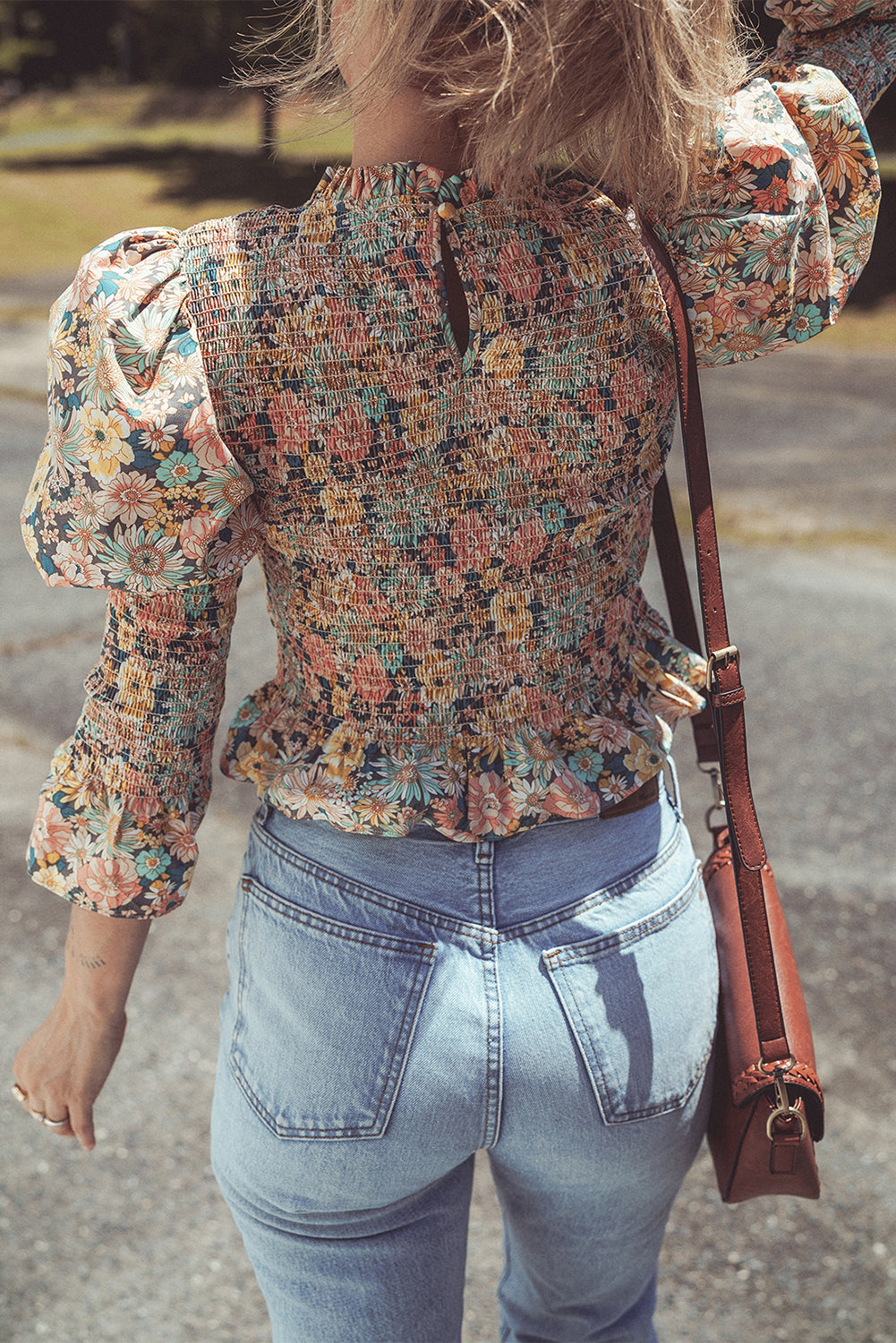 Floral Smocked Puff Sleeve Ruffled 3/4 Sleeve Crop Top