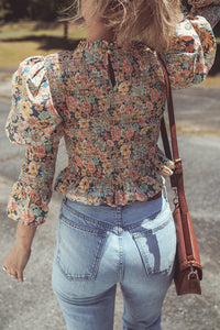 Floral Smocked Puff Sleeve Ruffled 3/4 Sleeve Crop Top