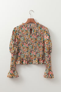 Floral Smocked Puff Sleeve Ruffled 3/4 Sleeve Crop Top