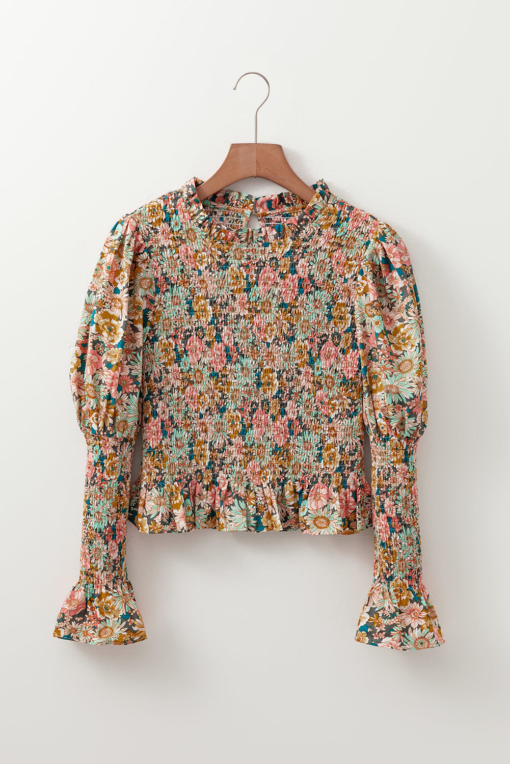Floral Smocked Puff Sleeve Ruffled 3/4 Sleeve Crop Top