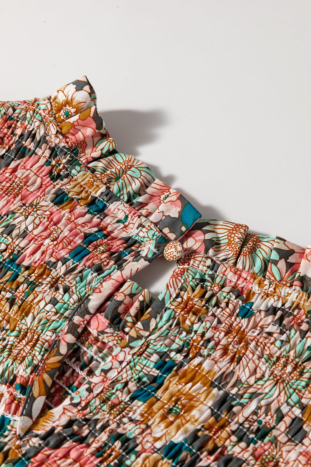 Floral Smocked Puff Sleeve Ruffled 3/4 Sleeve Crop Top
