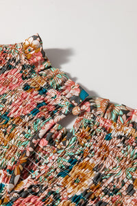 Floral Smocked Puff Sleeve Ruffled 3/4 Sleeve Crop Top