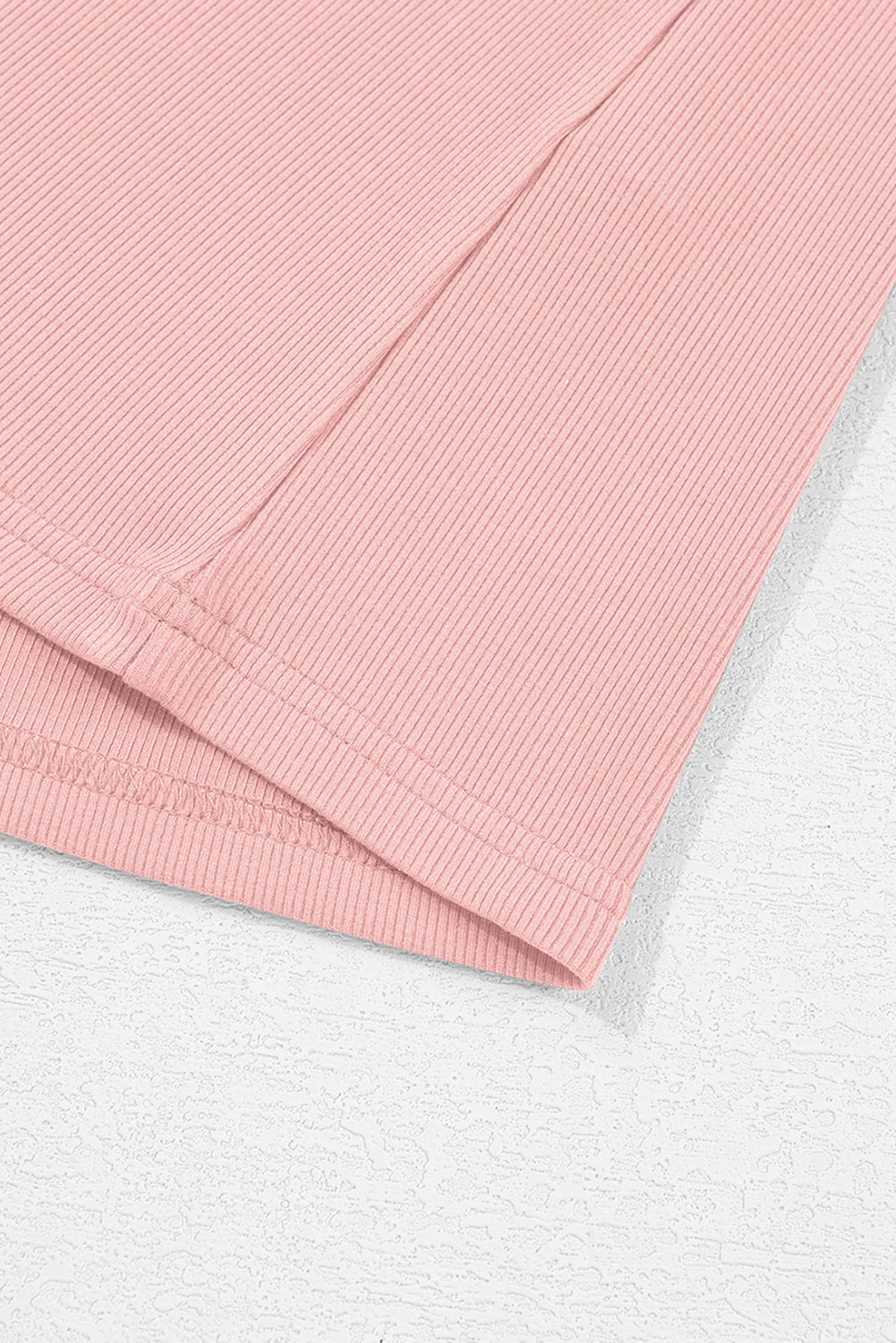 Soft Pink Ribbed Top w/Pearl-Beaded Puff Sleeves