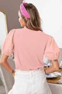 Soft Pink Ribbed Top w/Pearl-Beaded Puff Sleeves