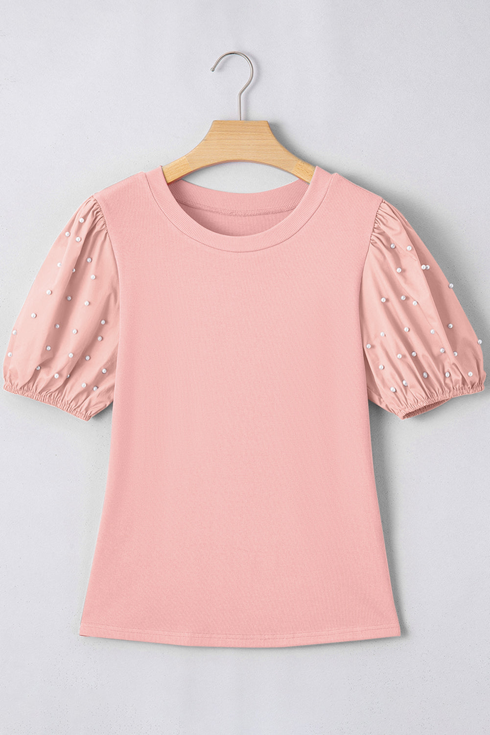Soft Pink Ribbed Top w/Pearl-Beaded Puff Sleeves