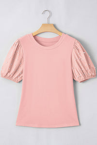 Soft Pink Ribbed Top w/Pearl-Beaded Puff Sleeves