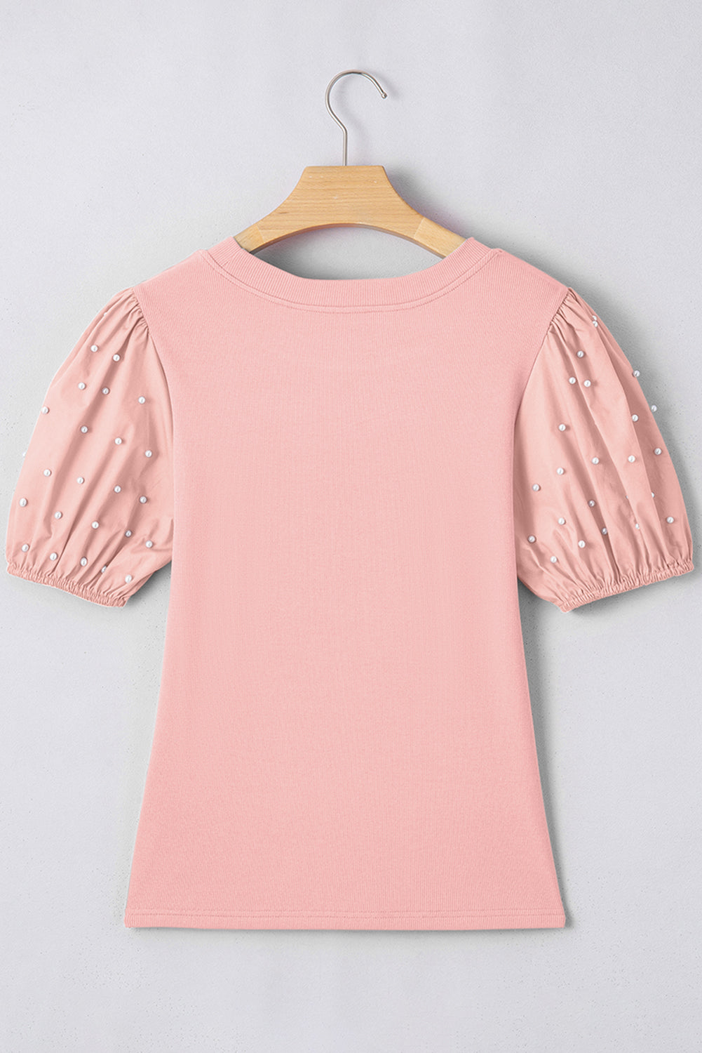 Soft Pink Ribbed Top w/Pearl-Beaded Puff Sleeves