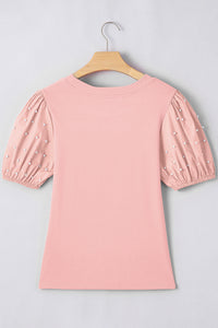 Soft Pink Ribbed Top w/Pearl-Beaded Puff Sleeves