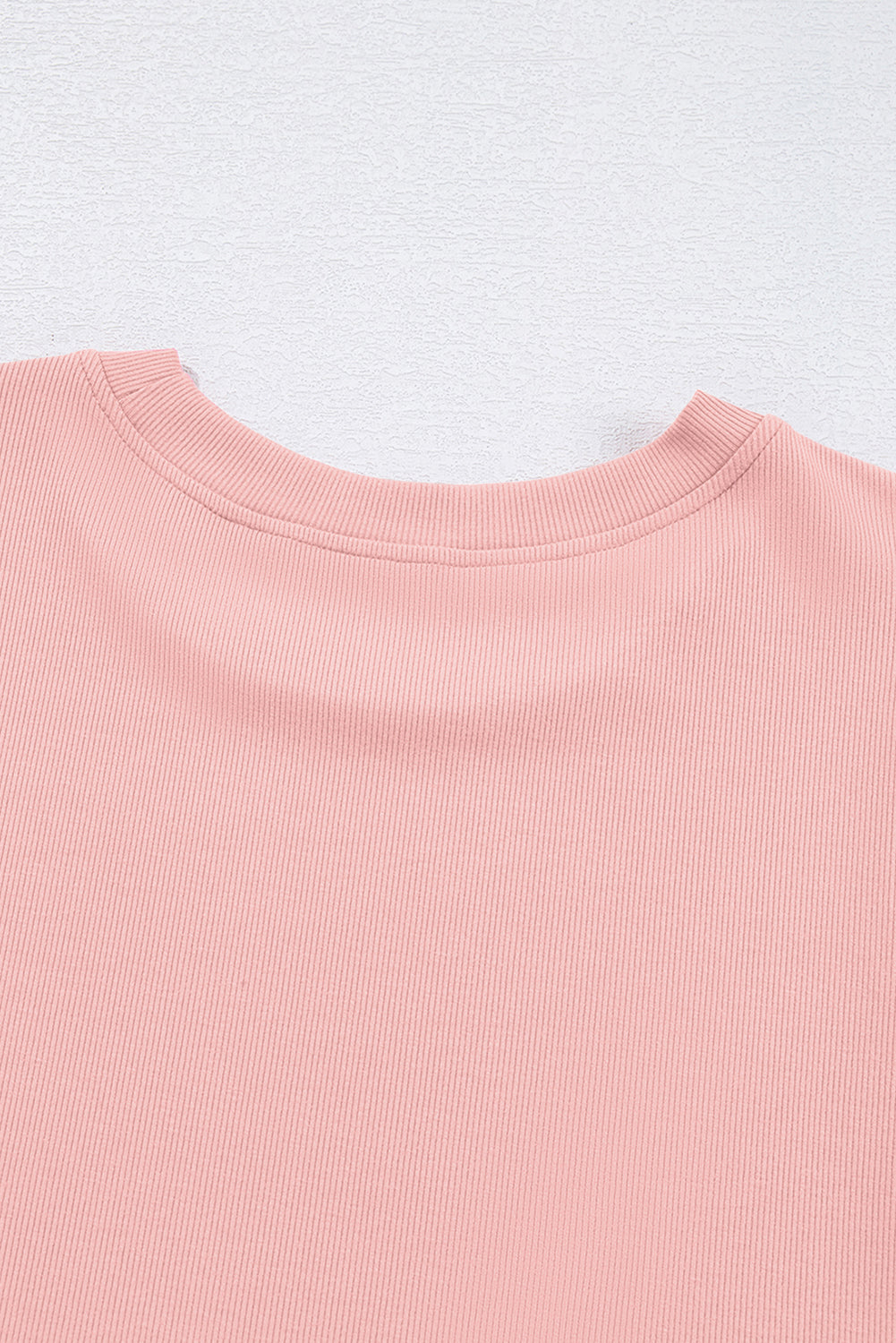 Soft Pink Ribbed Top w/Pearl-Beaded Puff Sleeves