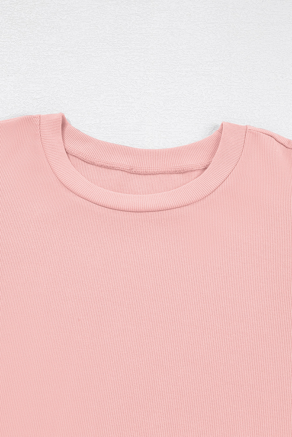 Soft Pink Ribbed Top w/Pearl-Beaded Puff Sleeves