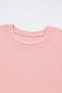 Soft Pink Ribbed Top w/Pearl-Beaded Puff Sleeves