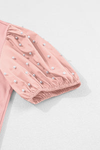 Soft Pink Ribbed Top w/Pearl-Beaded Puff Sleeves
