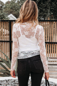 Sheer (White) Floral Lace Mesh Mock Neck Long Sleeve Top