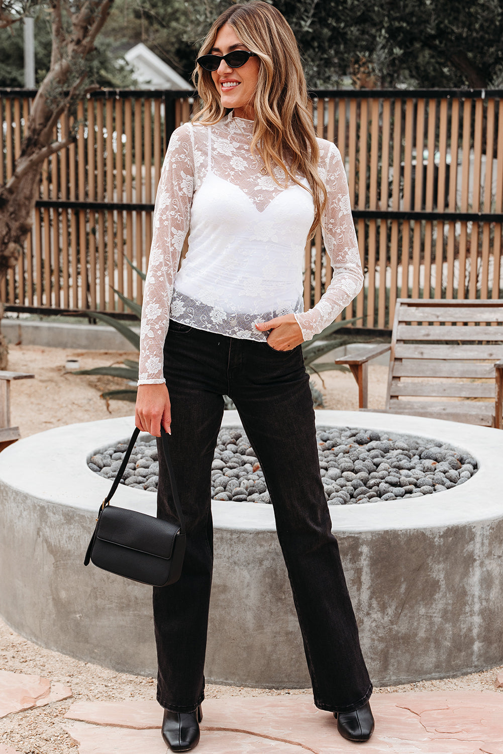 Sheer (White) Floral Lace Mesh Mock Neck Long Sleeve Top