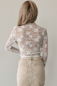 Sheer (White) Floral Lace Mesh Mock Neck Long Sleeve Top