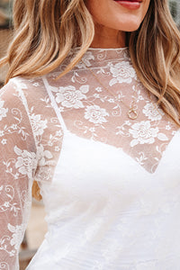 Sheer (White) Floral Lace Mesh Mock Neck Long Sleeve Top