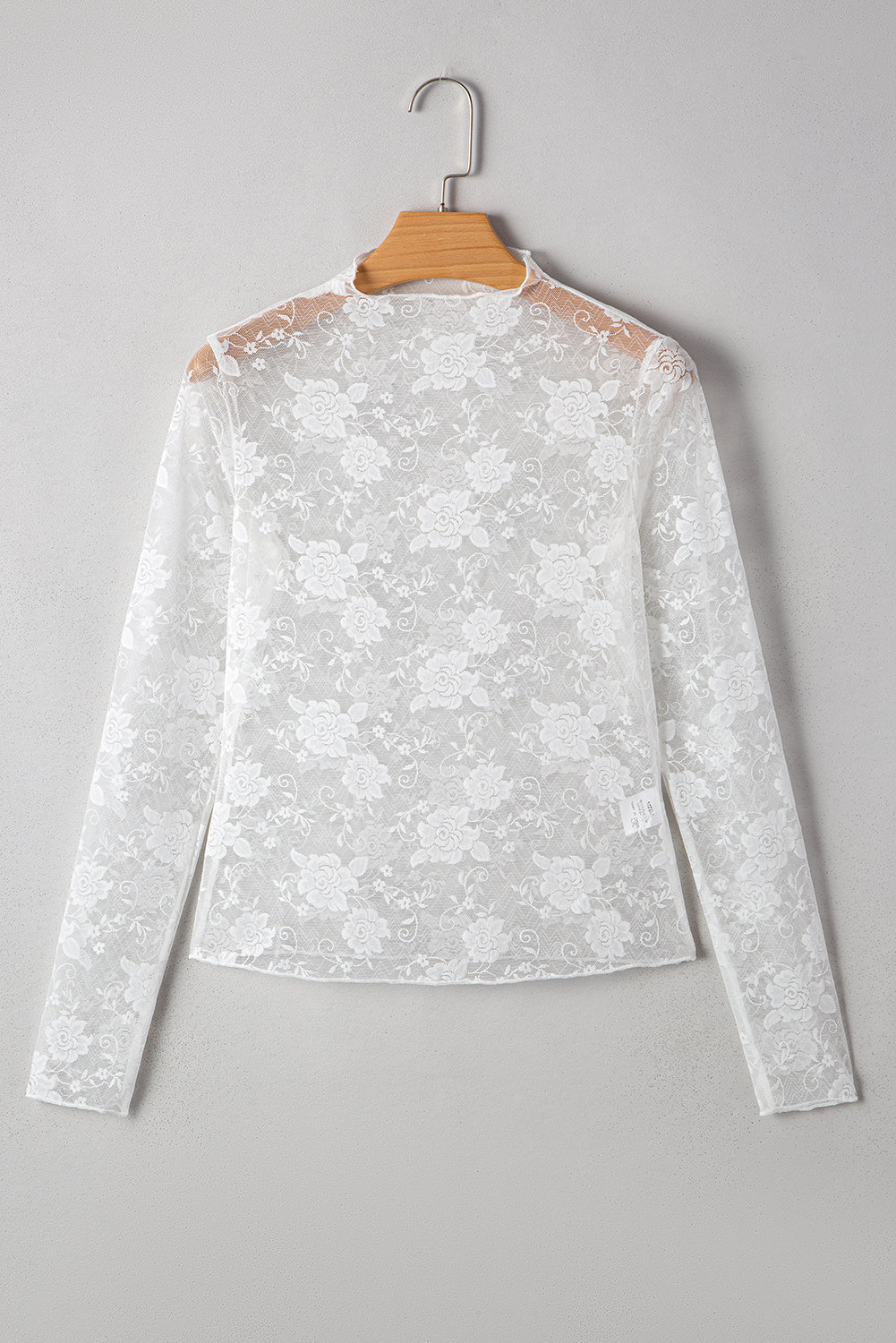 Sheer (White) Floral Lace Mesh Mock Neck Long Sleeve Top