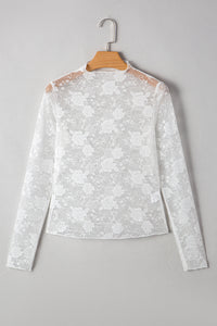 Sheer (White) Floral Lace Mesh Mock Neck Long Sleeve Top