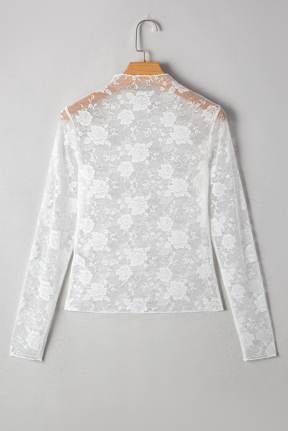 Sheer (White) Floral Lace Mesh Mock Neck Long Sleeve Top