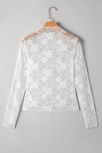 Sheer (White) Floral Lace Mesh Mock Neck Long Sleeve Top