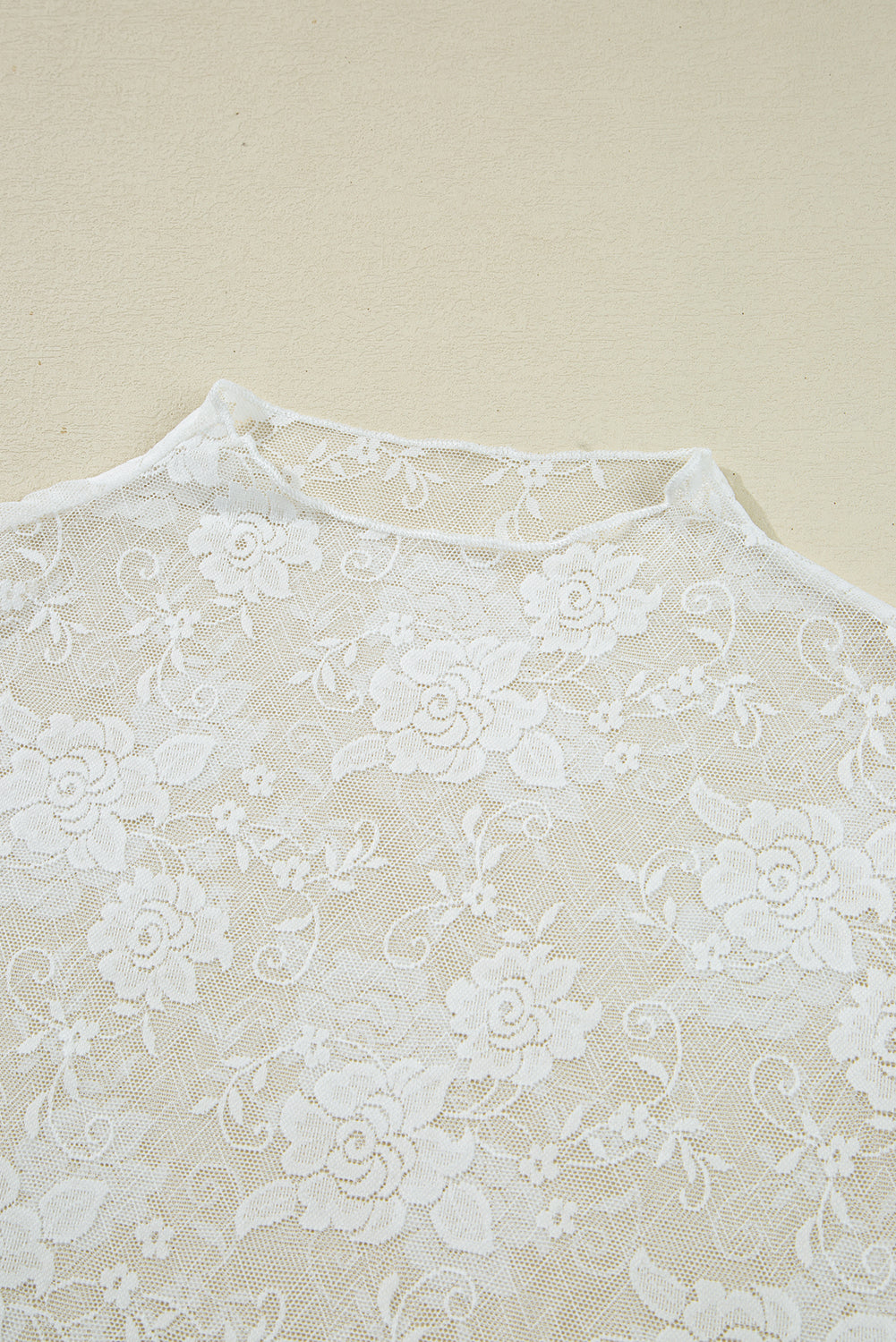 Sheer (White) Floral Lace Mesh Mock Neck Long Sleeve Top