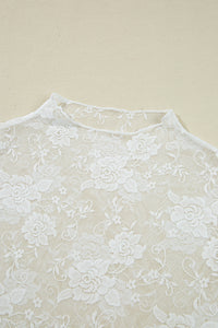 Sheer (White) Floral Lace Mesh Mock Neck Long Sleeve Top