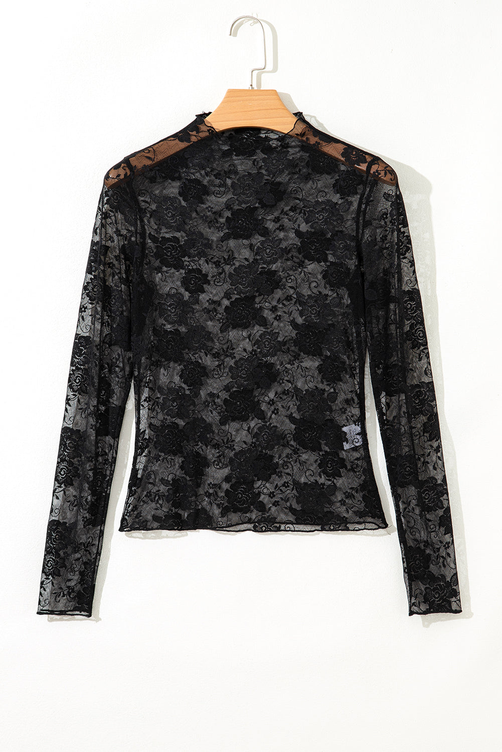 Sheer (Black) Floral Lace Mesh Mock Neck Long Sleeve Top