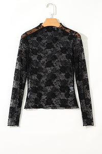 Sheer (Black) Floral Lace Mesh Mock Neck Long Sleeve Top