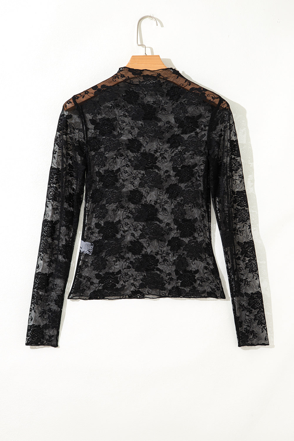 Sheer (Black) Floral Lace Mesh Mock Neck Long Sleeve Top