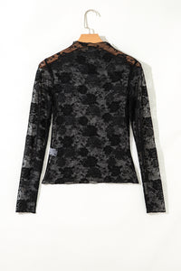 Sheer (Black) Floral Lace Mesh Mock Neck Long Sleeve Top