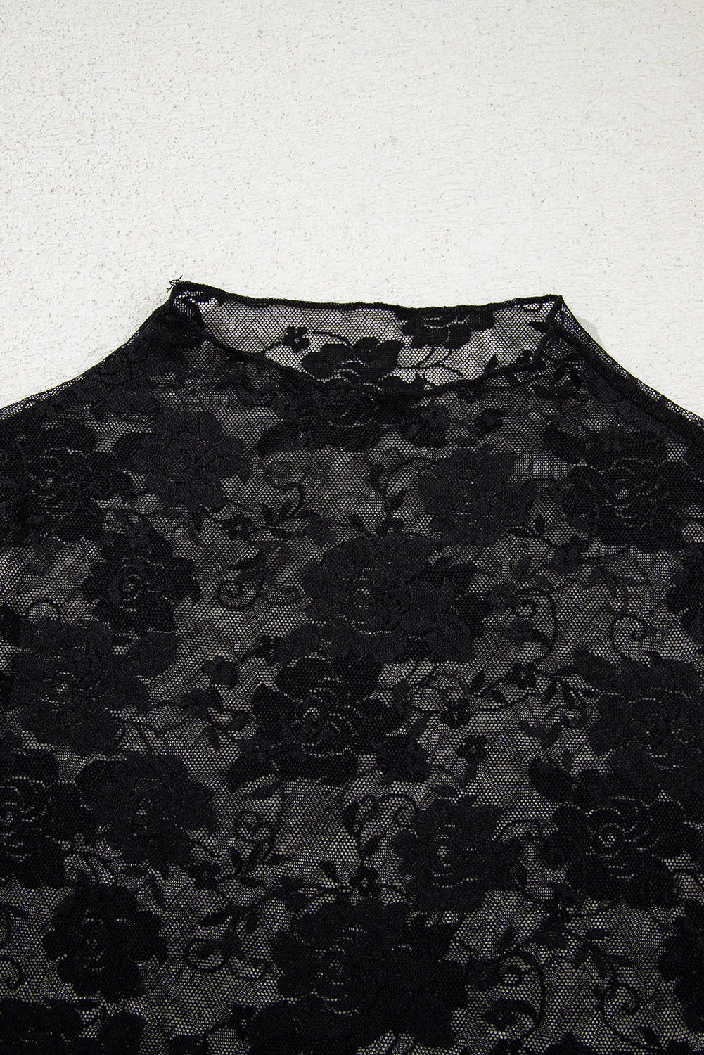 Sheer (Black) Floral Lace Mesh Mock Neck Long Sleeve Top