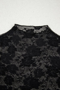 Sheer (Black) Floral Lace Mesh Mock Neck Long Sleeve Top