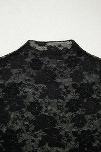 Sheer (Black) Floral Lace Mesh Mock Neck Long Sleeve Top