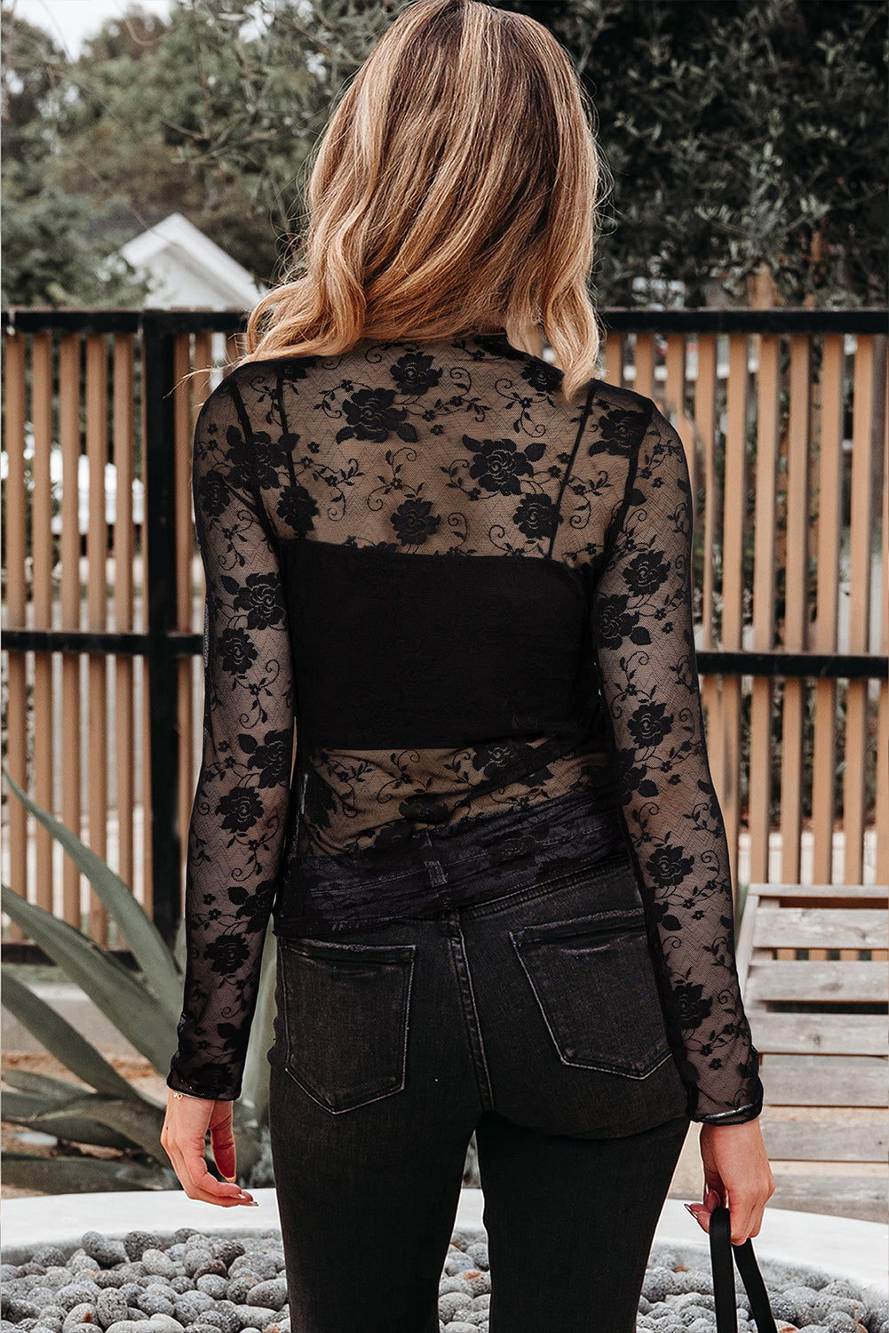 Sheer (Black) Floral Lace Mesh Mock Neck Long Sleeve Top