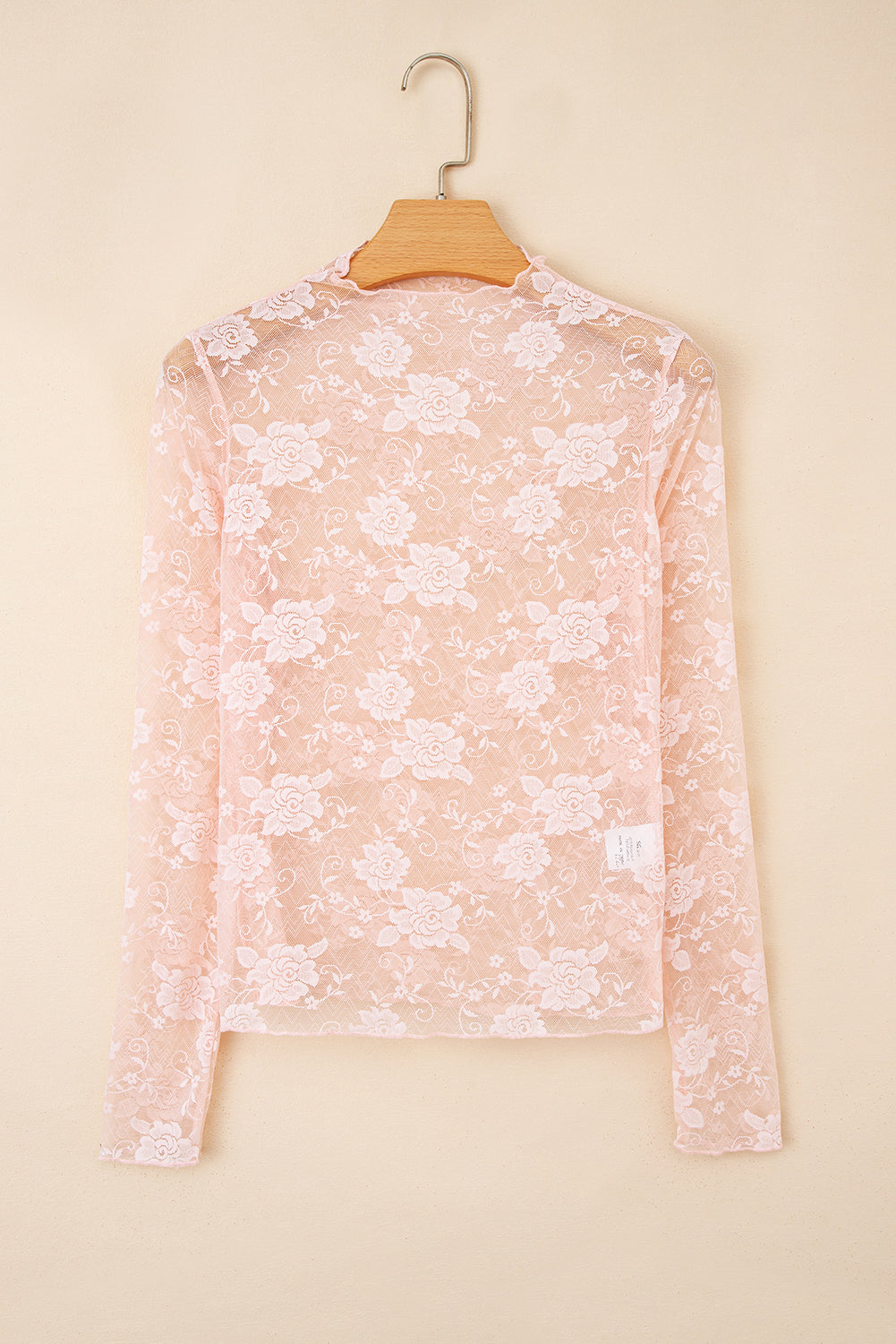 Sheer (Light Pink) Floral Lace Mesh Mock Neck Long Sleeve Top