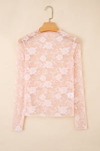 Sheer (Light Pink) Floral Lace Mesh Mock Neck Long Sleeve Top