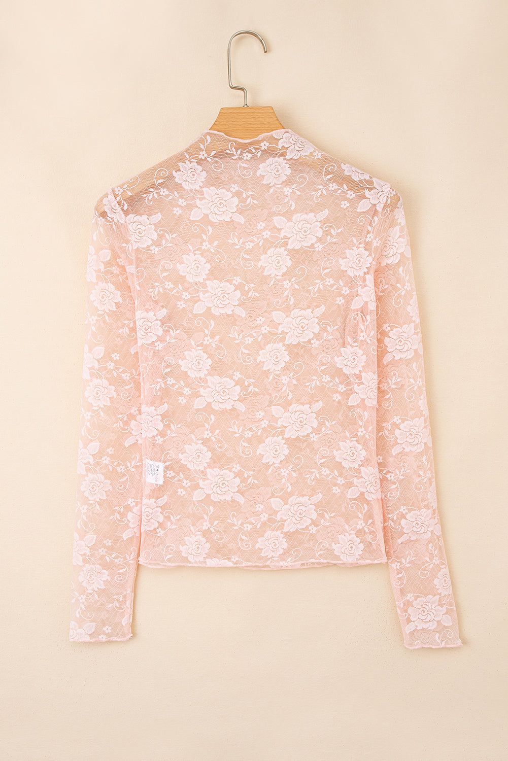 Sheer (Light Pink) Floral Lace Mesh Mock Neck Long Sleeve Top