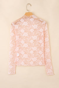 Sheer (Light Pink) Floral Lace Mesh Mock Neck Long Sleeve Top