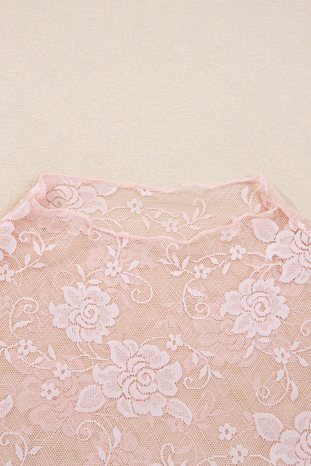 Sheer (Light Pink) Floral Lace Mesh Mock Neck Long Sleeve Top