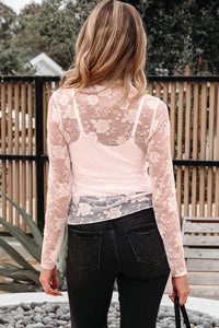 Sheer (Light Pink) Floral Lace Mesh Mock Neck Long Sleeve Top