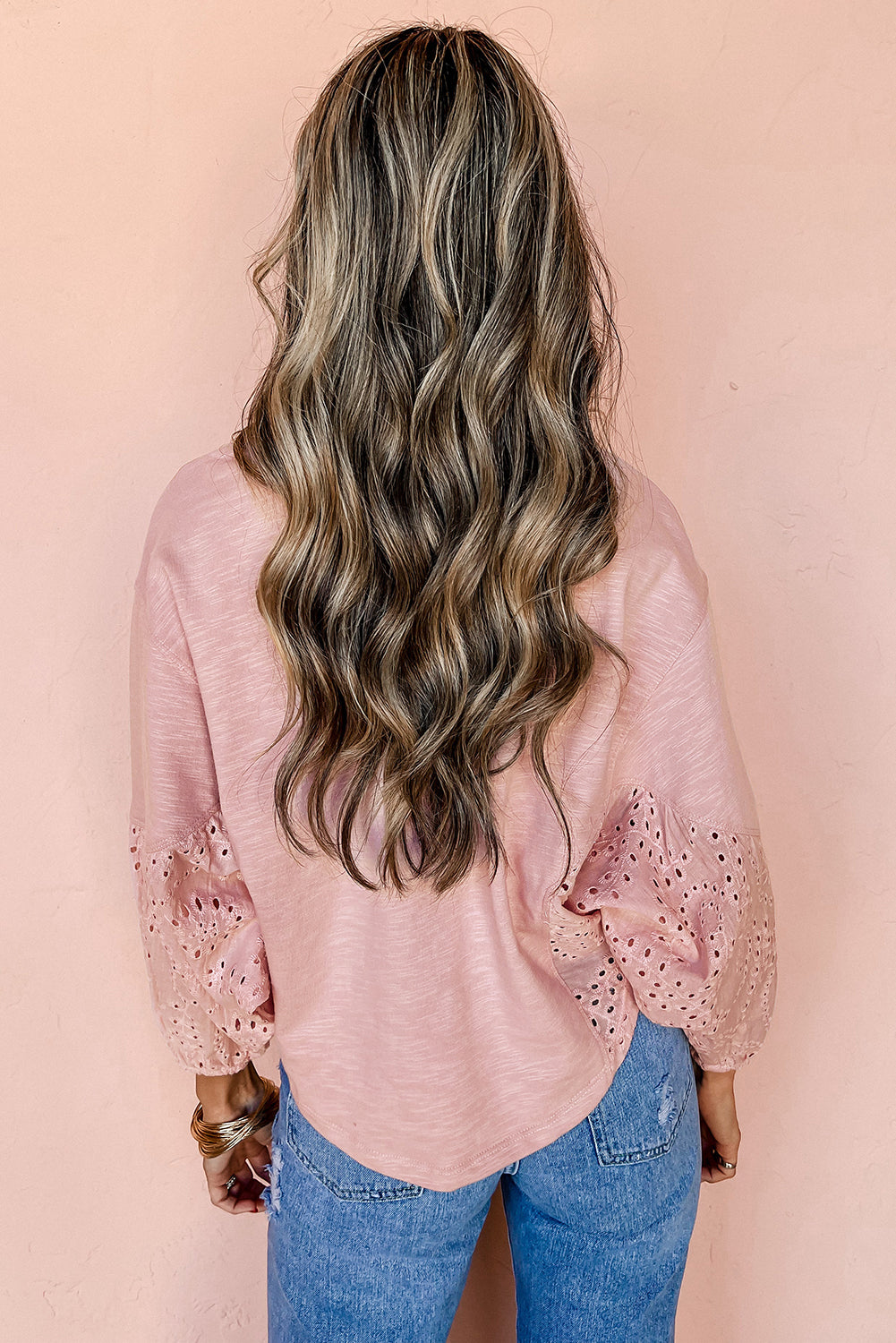 Blush V-Neck (100% Cotton) Top w/Keyhole Embroidery