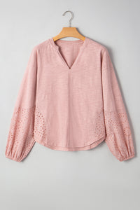 Blush V-Neck (100% Cotton) Top w/Keyhole Embroidery