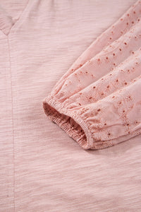 Blush V-Neck (100% Cotton) Top w/Keyhole Embroidery